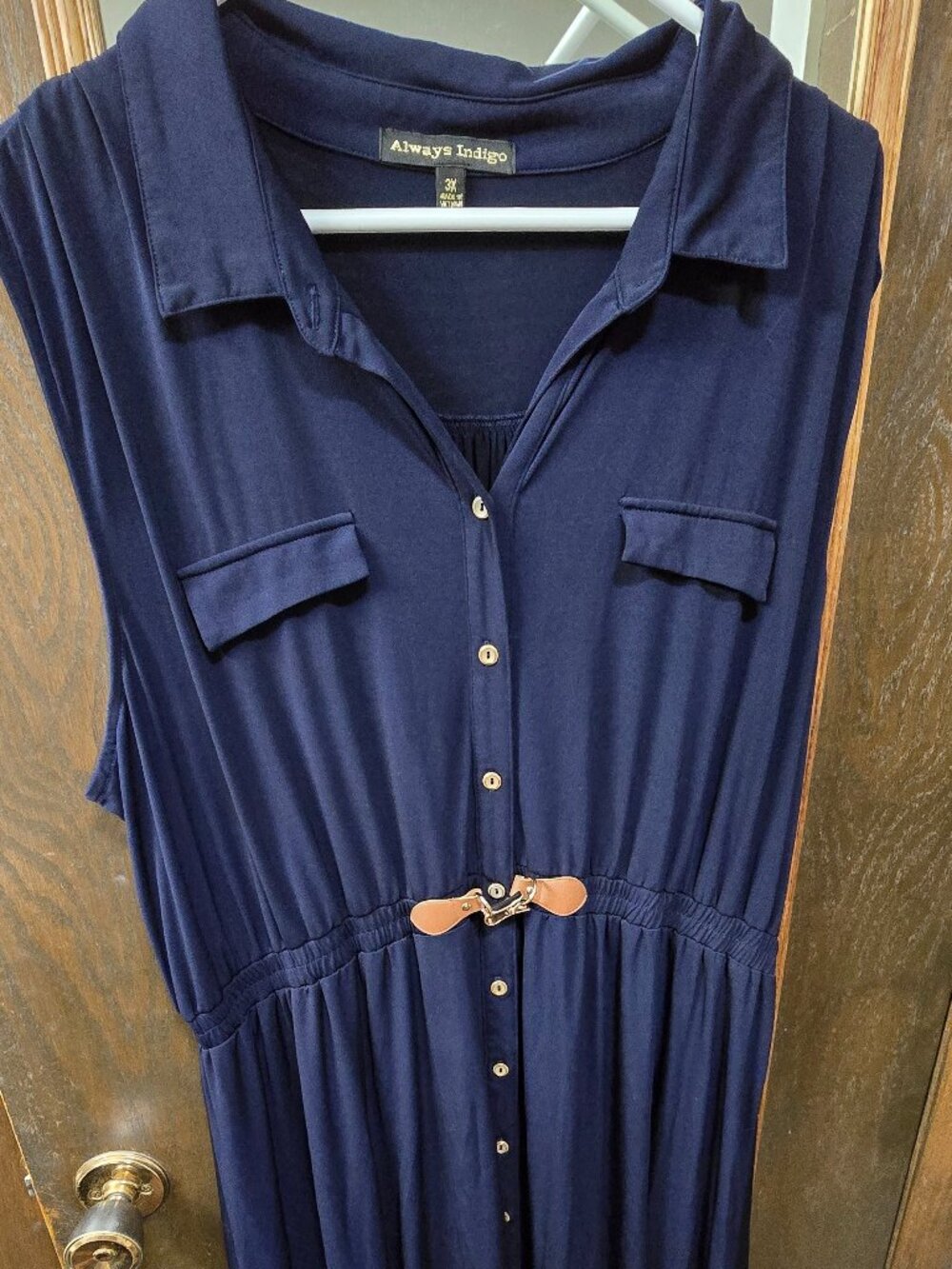 Always Indigo 3X Maxi Dress Navy Blue Button Front Sleeveless Utility Chic GUC